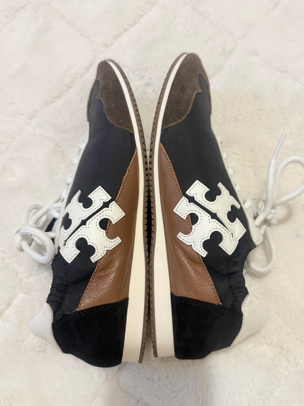 Tory Burch Black/Brown/White Runner Nylon and Suede Sneakers - Picture 4 of 9